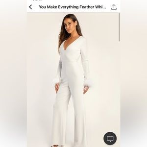 Lulu's Ivory V-Neck Wide-Leg Jumpsuit with Feather Cuffs